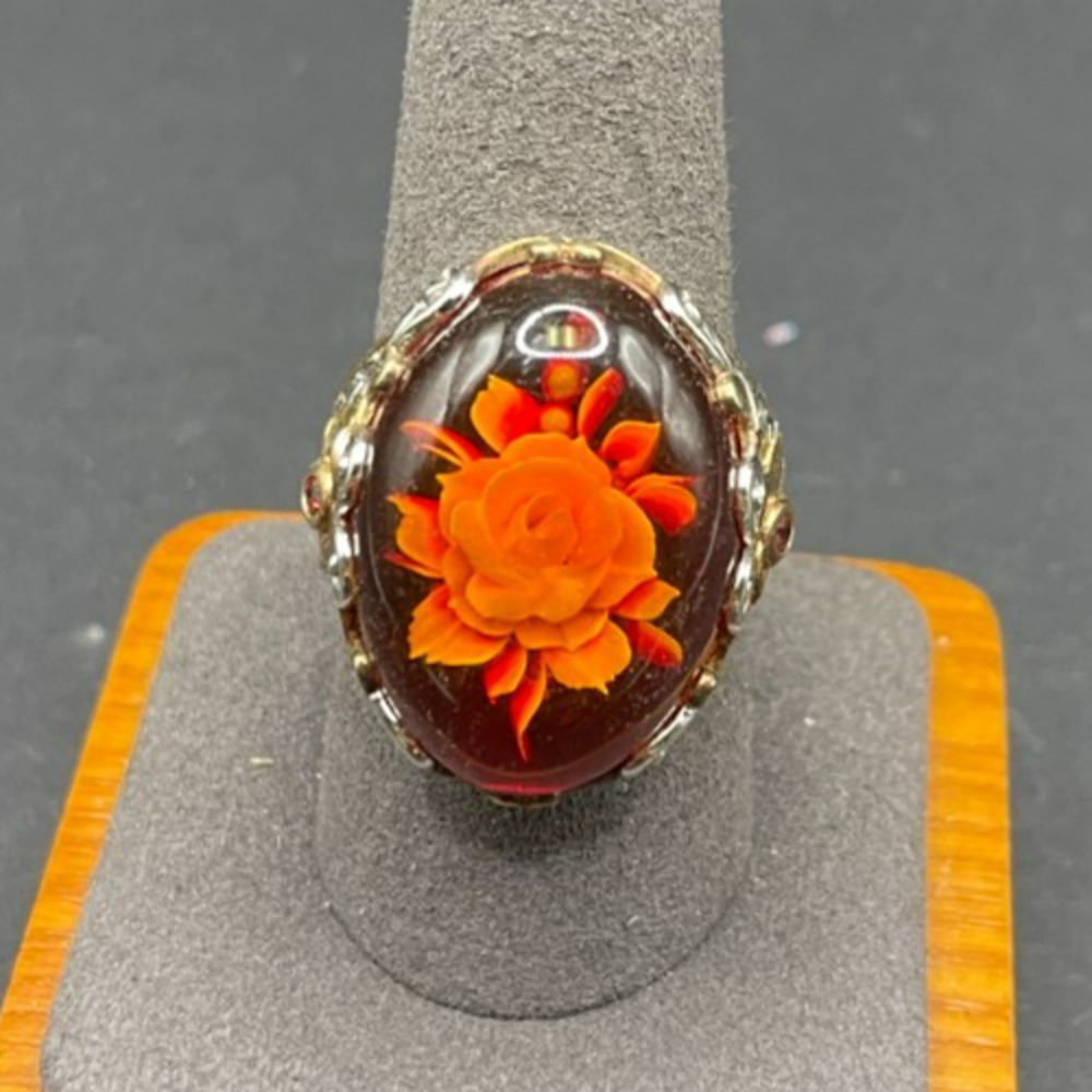 925 Sterling Silver Gold Tone Amber Carved Rose Ring Size 10 Intaglio Statement